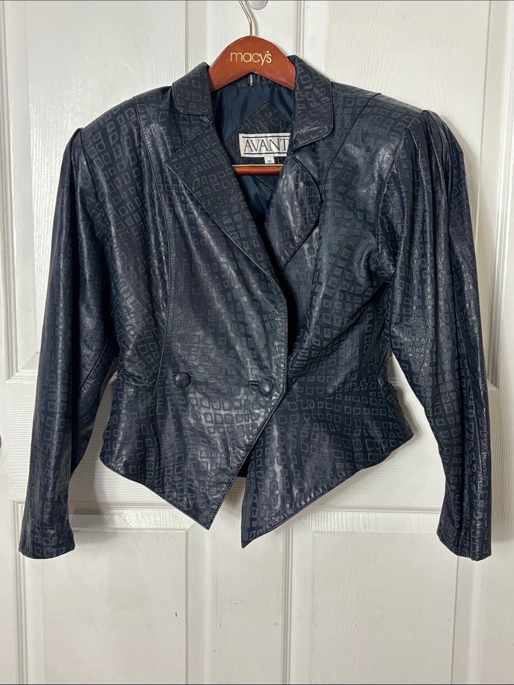 Vintage Avanti Navy Blue Leather Moto Jacket Shoulder pads Taffeta lined Sz 10